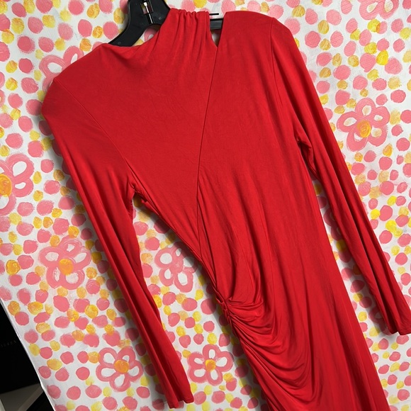 Marciano midi Dress RED HOT ruched bodycon long sleeve sz. S cutout stretch - Picture 9 of 9